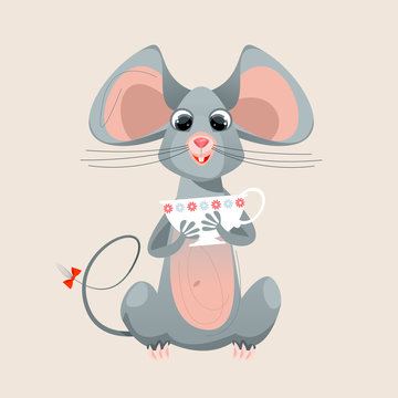 Funny mouse holding in the paws a cup. Vector illustration