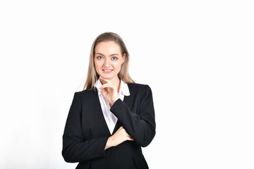 Business Concept. Beautiful businesswoman poses confidently. Beautiful young businesswoman looks charming and trustworthy. Young businesswoman has leadership on a white background.