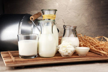 milk products. tasty healthy dairy products on a table on