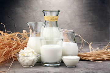 milk products. tasty healthy dairy products on a table on