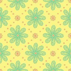 Fototapeta na wymiar Seamless pattern with floral design. Bright yellow background with pink and green flower elements