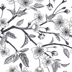 Floral vintage seamless pattern with Japanese cherry.
