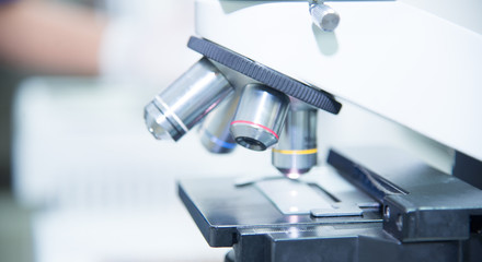 Microscope in laboratory.