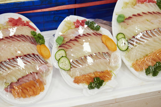 Assorted sashimi at market 