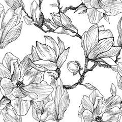 Naklejka premium Ink, pencil, the leaves and flowers of Magnolia. Seamless pattern background. Hand drawn nature painting. Freehand sketching illustration