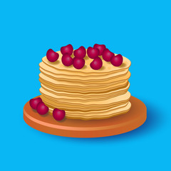 A stack of delicious delicious pancakes with cherries.
