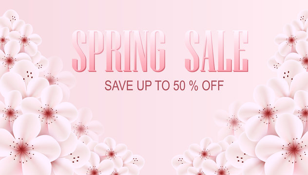 Spring sale banner with pink sprin flowers