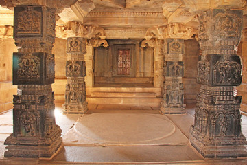 Decorative pillars from black basalt in mandappa or Hall. Hazara Rama Temple Hampi, Karnataka....