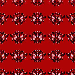 Floral seamless pattern. Black and white design on red background