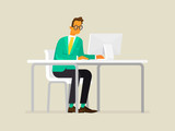 Business man or clerk working at a office desk in front of a computer. Vector illustration