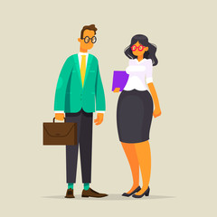 Fototapeta premium Business couple. A man in a jacket and with a briefcase and a woman in glasses with a folder. Vector illustration