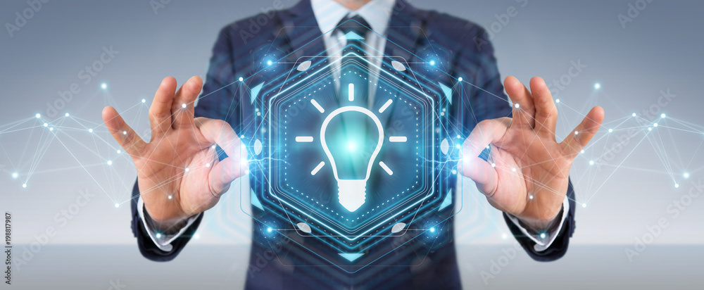 Fototapete businessman using lightbulb idea interface 3d rendering