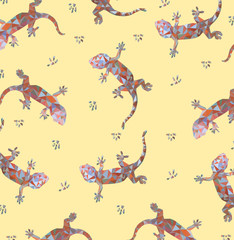 pattern of Low poly colorful gecko and footprint with pink back ground,animal geometric,Abstract vector.