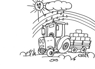 Traktor bei der Ernte Regenbogen Sonne Wolke Regen für Kinder  © FotoSabine