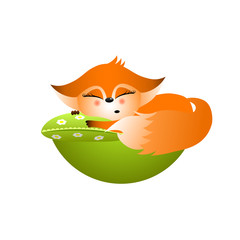 Isolated red cartoon fox cub on white background. Sleeping on green pillow frendly fox. Wild animal funny personage.
