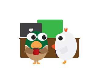 Chicken and duck in office interior vector illustration