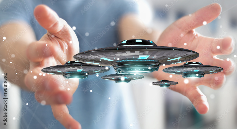 Poster Businessman with retro UFO spaceship 3D rendering