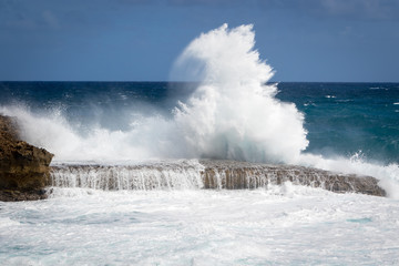 Giant wave breaking at rocks at Porte d 'Enfer du Moule, Guadeloupe (translation: Porte d 'Enfer du Moule = Gate to Hell by the town Moule)