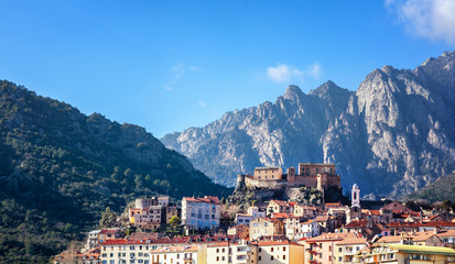 Corte, a beautiful city in the mountains on the island of Corsica, a view of the city and the...