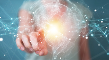 Businesswoman using USA world map interface 3D rendering