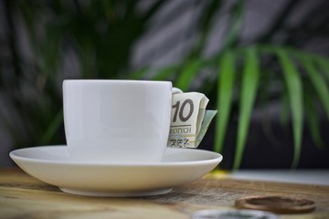 Polish currency and coffee