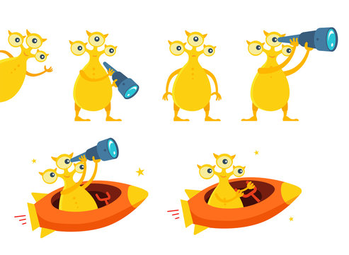 Three-eyed yellow alien UFO character set. With telescope search. On flying saucer in space. Flat color vector illustration