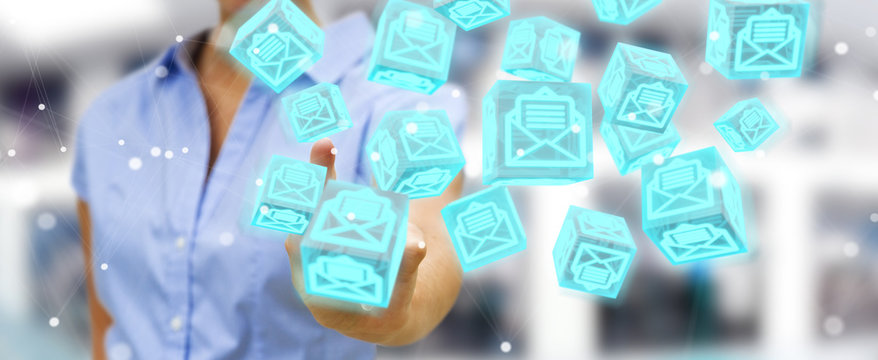 Businesswoman using floating cube emails 3D rendering