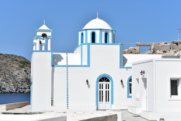 Blue White orthodox church at Firopotamos, Milos island, Cyclades, Greece