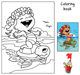 Happy little baby girl in a swimsuit and a Hawaiian wreath  riding a sea turtle. Coloring book. Cartoon vector illustration