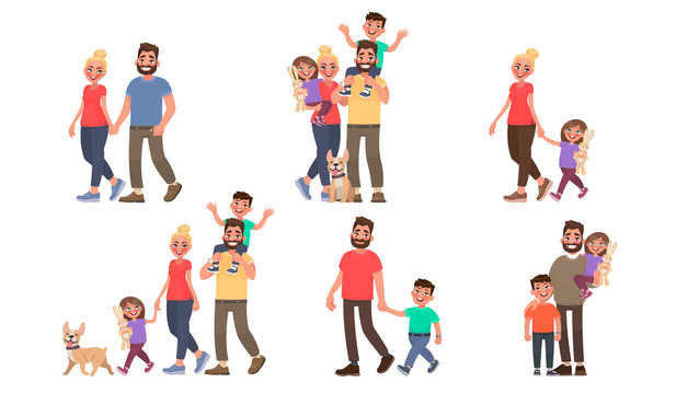 Set of family portraits. Walking outdoors in the park. Couple, father and son, mother and daughter, and all together. Vector illustration