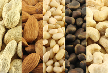 Collage of assorted nuts.