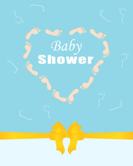 Invitation template, greeting card baby shower, arrival.Blue background with yellow ribbon and bow.The heart is made of childrens footprints