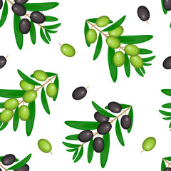 Vector seamless pattern with ripe black and green olives on white. Background design for olive oil, natural cosmetics,textile,wrapping paper