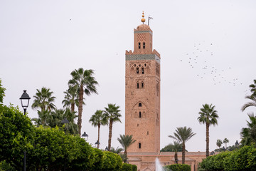 Fototapeta na wymiar View of the Koutoubia Mosque in Marrakesh with palm trees in the foreground