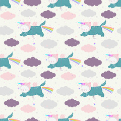 Cute cartoon unicorn cats in the sky, seamless pattern. Vector background with funny characters. Can be used for kids design, textile, prints, postcards.