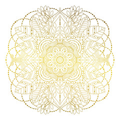 Floral golden mandala with leaves, isolated hand drawn ornament. Vector art. Decorative element in boho Indian ethnic style. Can be use for clothes design, tattoo, yoga.