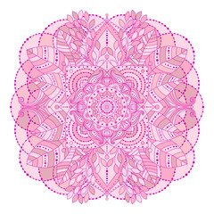 Hand drawn floral mandala, isolated decorative element in pink, creame beige colors. Vector art, ethnic asian Indian ornament, boho style.