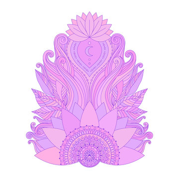 Spiritual symbol, ornamental cold pink violet lotus flowers and leaves, moon, ethnic Indian art. Hand drawn decorative isolated element for tattoo, astrology, yoga, boho clothes design.