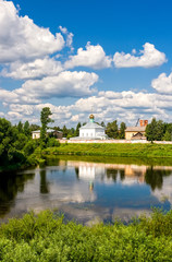 Fototapeta na wymiar View on the Holy Spirit Monastery in sunny summer day in Borovichi, Russia