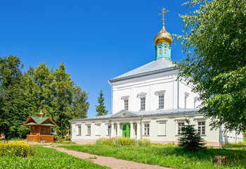 Fototapeta na wymiar Temple of the Descent of the Holy Spirit on the Apostles (1653) at the Holy Spirit Monastery (1327) in Borovichi, Russia