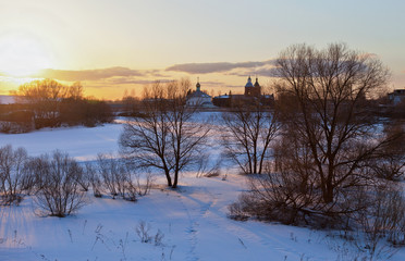 View on the Holy Spirit Monastery in sunset in Borovichi, Russia