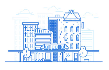 City Landscape Line art design concept for website background. Urban cityscape with town architecture. Linear style. © alenast