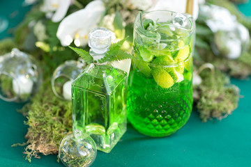 Obraz na płótnie Canvas forest decor. Lemonade pitcher with lime, mint and ice on table