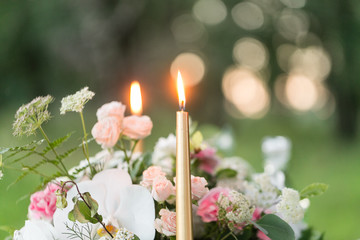 table setting. Wedding decor in the magic forest for a loving couple. Pink and green colors. Raspberry dessert.