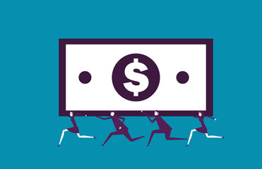 Corporate team holding dollar banknote. Vector illustraion currency business concept.