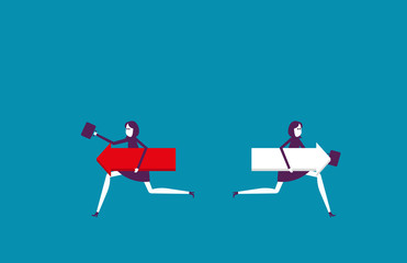 Business people holding arrow with running and different directions. Vector illustration business concept.
