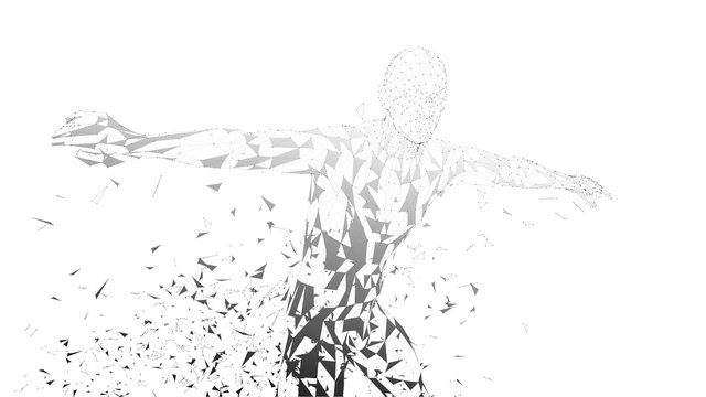 Conceptual abstract man. Connected lines, dots, triangles, particles on white background. Artificial intelligence concept. High technology vector digital background. 3D render vector illustration