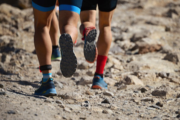 Fototapeta premium Trail running group on mountain path exercising,freeze action closeup of running shoes in action