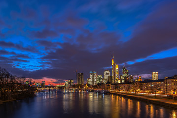 The skyline of the banking metropolis in Frankfurt am Main during the blue hour. Frankfurt, Germany / 26 February 201