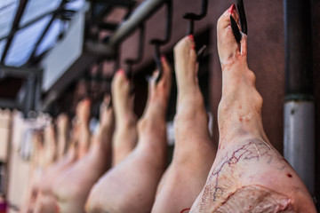 close up of feet of a killed bleed pig hanging at the slaughterhouse